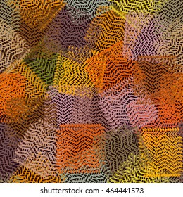 Seamless colorful pattern with grunge striped and wavy chaotic located square elements