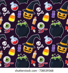 Seamless colorful pattern with Halloween decorations: scary pumpkin, blood, eyeball, bones, skull, magic cauldron, witch, candy corn, potion, witch hat, mushroom. Scary stickers and bages 