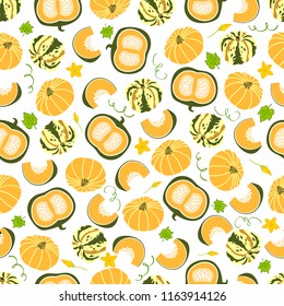Seamless colorful pattern with hand drawn pumpkins,flowers, whorls and leaves isolated on white background. Flat style design. Vector illustration for textile, wallpaper and packaging design food etc.