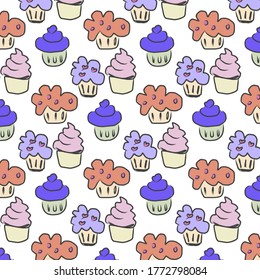 Patrón colorido sin inconfundibles con muffinos dibujados a mano . Ilustración de fondo vectorial con colores rosa, púrpura y naranja