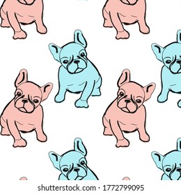 Seamless  colorful pattern with hand drawn bull dog puppy. Vector background illustration with blue, pink  colors