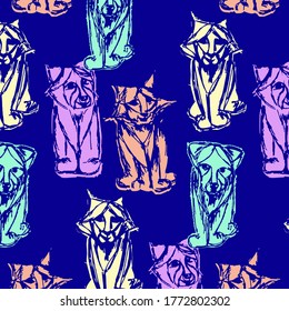 Patrón colorido y sin brillo con gato y cachorro dibujados a mano. Ilustración de fondo vectorial con colores azul, rosa, amarillo y menta