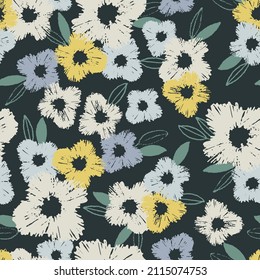 Seamless colorful pattern with hand drawn Viola flowers on dark background for surface design and other design projects