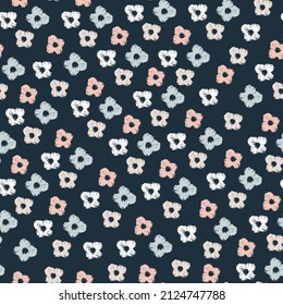 Seamless colorful pattern with hand drawn Viola flowers on dark background for surface design and other design projects