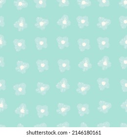 Seamless colorful pattern with hand drawn viola flower heads in rows on light background for surface design and other design projects