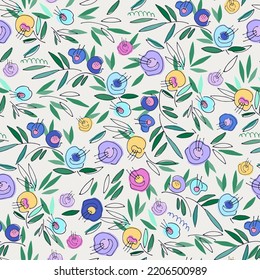 Patrón colorido sin inconvenientes con flores brillantes dibujadas a mano sobre fondo oscuro para el diseño de superficies y otros proyectos de diseño