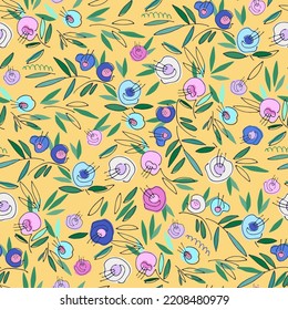 Seamless colorful pattern with hand drawn bright flowers on dark background for surface design and other design projects