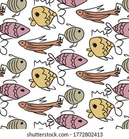Seamless  colorful pattern with hand fishes. Vector background illustration with pastel  colors