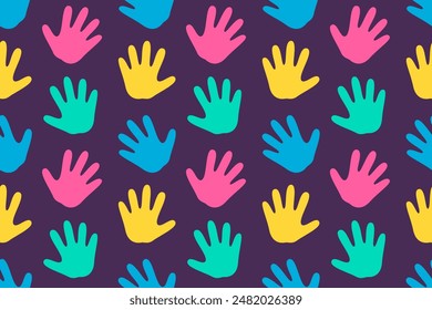 Patrón colorido sin costuras con palmera de mano. Fondo de Vector para niños.
