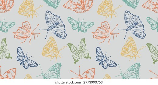 Seamless colorful pattern with hand-drawn butterflies. Repeatable banner for textiles, nursery decor, and stationery. Hand drawn vector sketch illustration in vintage doodle crayon charcoal style