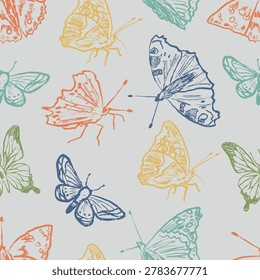Seamless colorful pattern with hand-drawn butterflies. Repeatable design for textiles, nursery decor, and stationery. Hand drawn vector sketch illustration in vintage doodle crayon charcoal style