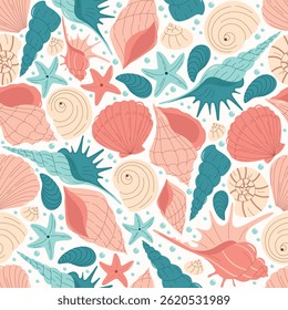 Seamless colorful pattern with hand-drawn sea shells, starfish, and ocean elements. Perfect for summer textiles, wrapping paper, wallpaper, and beach-themed projects.