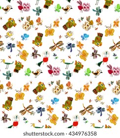Seamless colorful pattern handmade and drawings insects  bees  dragonflies  birds   butterflies 