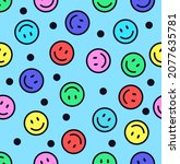 Seamless colorful pattern with happy smileys. Simple smiling emoticons on blue background. templaes for fabric, textile, giftware, wallpaper, for book design. Flat cartoon vector illustration