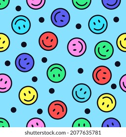 Seamless colorful pattern with happy smileys. Simple smiling emoticons on blue background. templaes for fabric, textile, giftware, wallpaper, for book design. Flat cartoon vector illustration