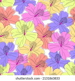 Seamless colorful pattern Hawaiian flowers. Vector image of Hawaiian hibiscus in a seamless pattern for textiles and printing on different surfaces