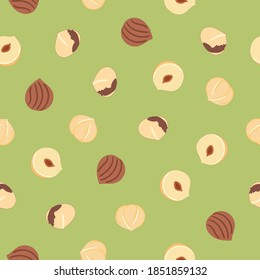 Seamless colorful pattern of hazelnut. Kitchen, cooking print. Textile design. Organic food. Hand drawn cartoon vector illustration