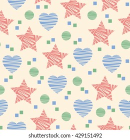 Seamless colorful pattern with hearts, dots, stars, squares. Simple geometric background with various shapes. Yellow background.