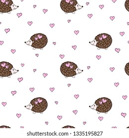 Seamless colorful pattern with hedgehogs and hearts