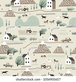 Seamless colorful pattern with house, trees, horses, mountains and hills. Nordic nature landscape concept. Perfect for kids fabric, textile, nursery wallpaper.