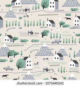 Seamless colorful pattern with house, trees, horses, mountains and hills. Nordic nature landscape concept. Perfect for kids fabric, textile, nursery wallpaper.