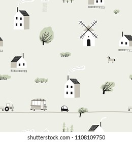 Impresionante patrón de color con casa, árboles, caballos, molinos y carreteras. Concepto de paisaje natural nórdico. Perfecto para tela infantil, textil, tapicería de vivero. Paisaje sin mar.