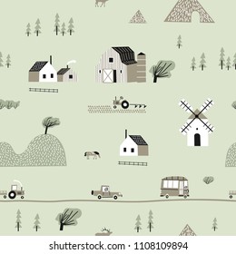 Nahtlose bunte Muster mit Haus, Bäumen, Pferden, Mühlen und Hügeln. Nordisches Naturlandschaftskonzept. Ideal für Kindergewebe, Textilien, Tapeten für Kindermädchen. Nahtlose Landschaft.