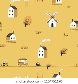 Seamless colorful pattern with house, trees, horses, mills and road. Europe nature landscape concept. Perfect for kids fabric, textile, nursery wallpaper. Seamless autumn landscape.