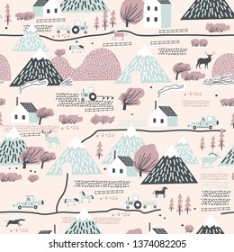 Seamless colorful pattern with house, trees, horses, mountains and hills. Perfect for kids fabric, textile, nursery wallpaper.