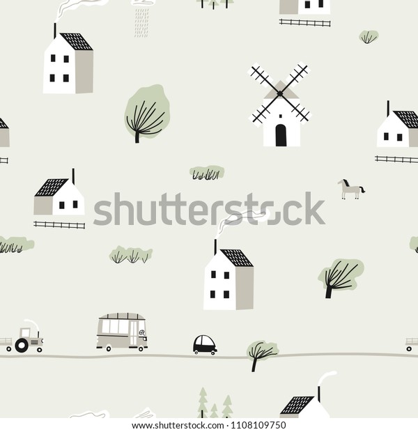 Seamless colorful pattern\
with house, trees, horses, mills and road. Nordic nature landscape\
concept. Perfect for kids fabric, textile, nursery wallpaper.\
Seamless landscape.