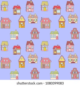 Seamless colorful pattern with houses. Background suitable for textile design, web page background, surface textures, wallpaper.