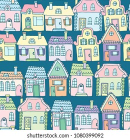 Seamless colorful pattern with houses. Background suitable for textile design, web page background, surface textures, wallpaper.