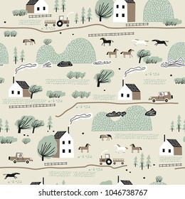 Seamless colorful pattern with house,trees, horses and hills. Nordic nature landscape concept. Perfect for kids fabric, textile, nursery wallpaper.
