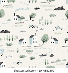 seamless colorful pattern with house,trees and mountains. Nordic nature landscape concept. Perfect for kids fabric, textile, nursery wallpaper.