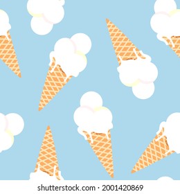 Seamless colorful pattern with ice cream in a waffle cone. Vector illustration