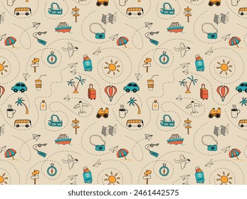 Seamless colorful pattern. Icon set of elements for summer vacation travel, hand drawn vector doodles in flat style.