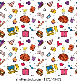 Seamless colorful pattern with icons of thinking on white background. Stock vector illustration