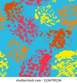 Seamless colorful pattern with ink brush strokes and splash. Hand painted textured spots for creative textile, fabric, paper, web background, wallpaper, surface. Vector illustration
