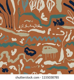 The seamless colorful pattern with ink lines. Abstract landscape. Hand-drawn overlapping background for your design.Textile, blog decoration, banner, poster, wrapping paper.