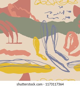 The seamless colorful pattern with ink lines. Abstract landscape. Hand-drawn overlapping background for your design.Textile, blog decoration, banner, poster, wrapping paper.