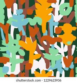The seamless colorful pattern with ink lines. Abstract forest. Hand-drawn overlapping background for your design.Textile, blog decoration, banner, poster, wrapping paper.