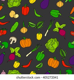 Seamless colorful pattern of isolated hand drawn icons background fresh vegetables in cartoon style. Texture of Healthy food for recipe book or vegetarian menu. Carrot, tomato, onion, cucumber.Vector