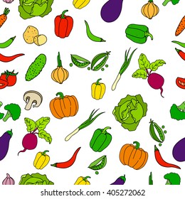 Seamless colorful pattern of isolated hand drawn icons fresh vegetables in cartoon style. Texture of Healthy food for recipe book or vegetarian menu. Carrot, tomato, onion. Vector diet products