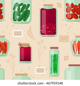 Seamless colorful pattern with jars of pickled vegetables and fruit