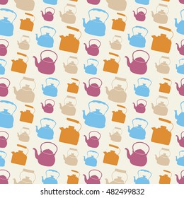 Seamless Colorful Pattern with Kettle. Vector background with different teapots. Endless kitchen texture.
