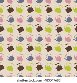 Seamless Colorful Pattern with Kettle. Vector background with different teapots. Endless kitchen texture.
