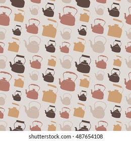 Seamless Colorful Pattern with Kettle. Vector background with different teapots. Endless kitchen texture.
