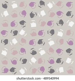 Seamless Colorful Pattern with Kettle. Vector background with different teapots. Endless kitchen texture.
