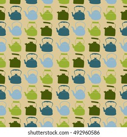 Seamless Colorful Pattern with Kettle. Vector background with different teapots. Endless kitchen texture.
