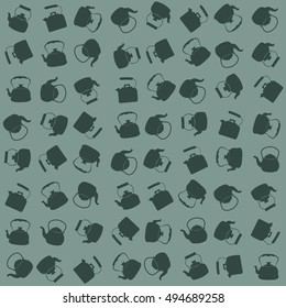 Seamless Colorful Pattern with Kettle. Vector background with different teapots. Endless kitchen texture.
